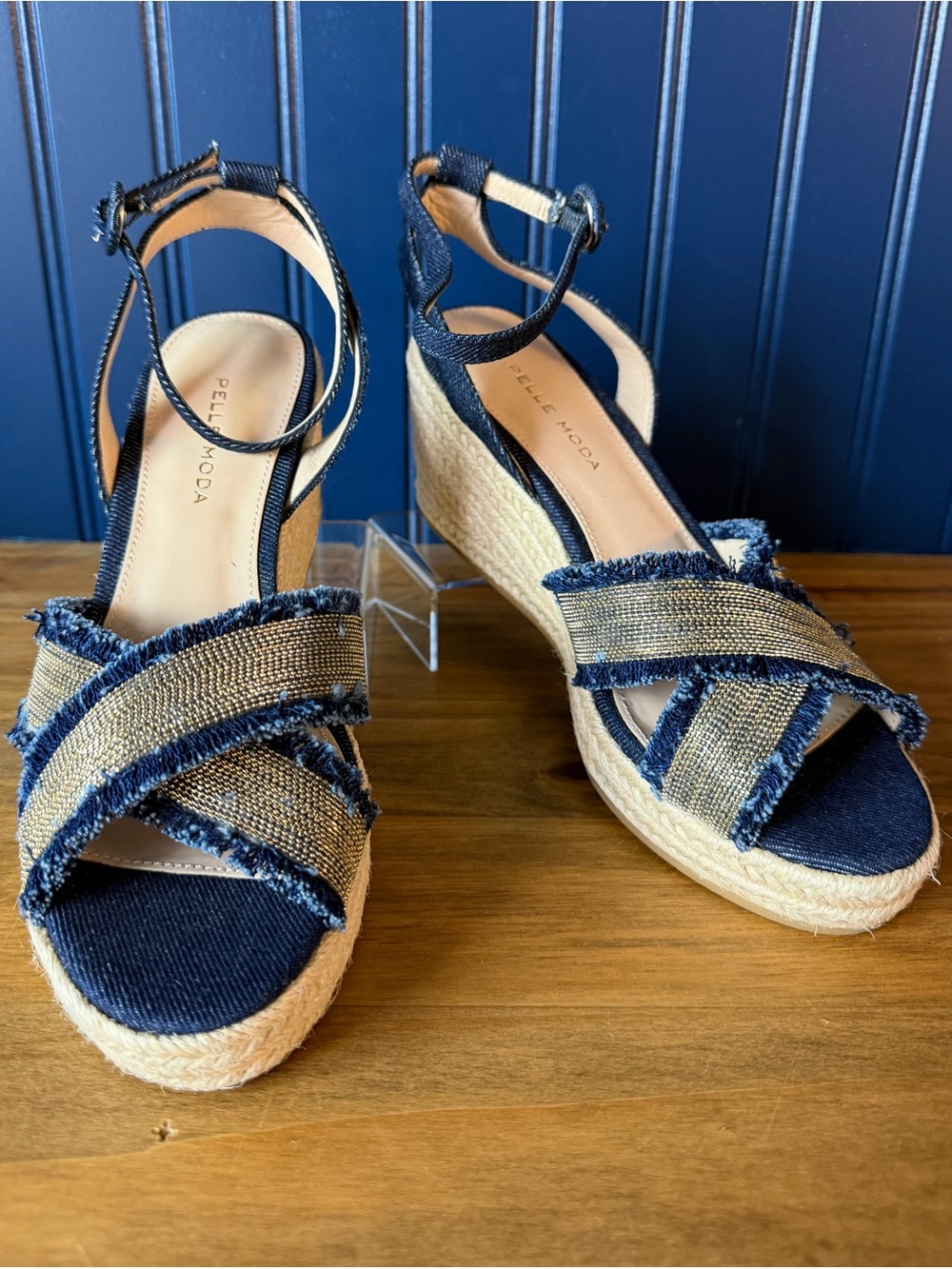 Pelle Moda Konner Indigo Denim Metallic Espadrille Wedge Sandals Size 7.5